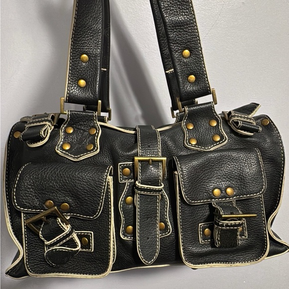 Vintage Danier Genuine Leather Black Pebbled Satchel Bag –Contrast Stitching Y2K - Picture 2 of 9